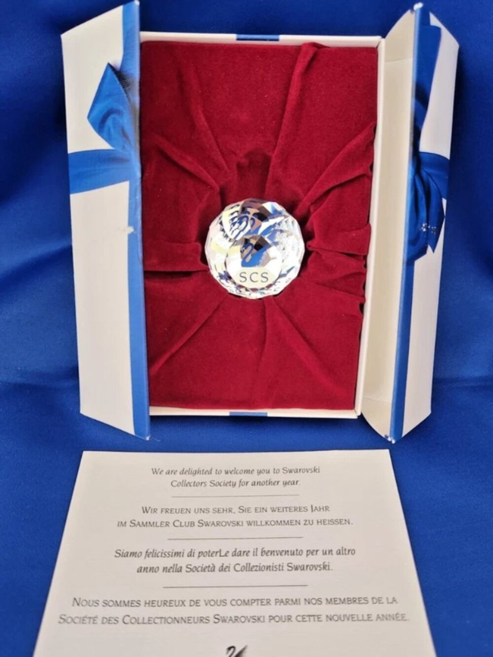 Swarovski Crystal SCS Blue Swan Retired 1.5" Round Faceted Ball Paperweight, Box